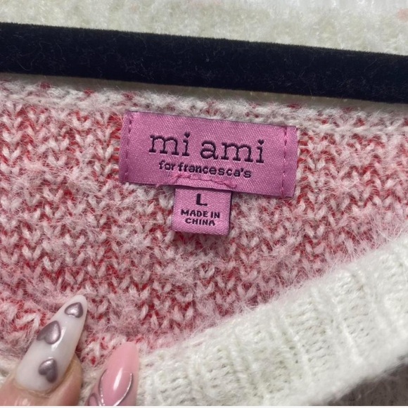 Mi Ami Cream and Red Kiss Pattern Sweater - Picture 2 of 5